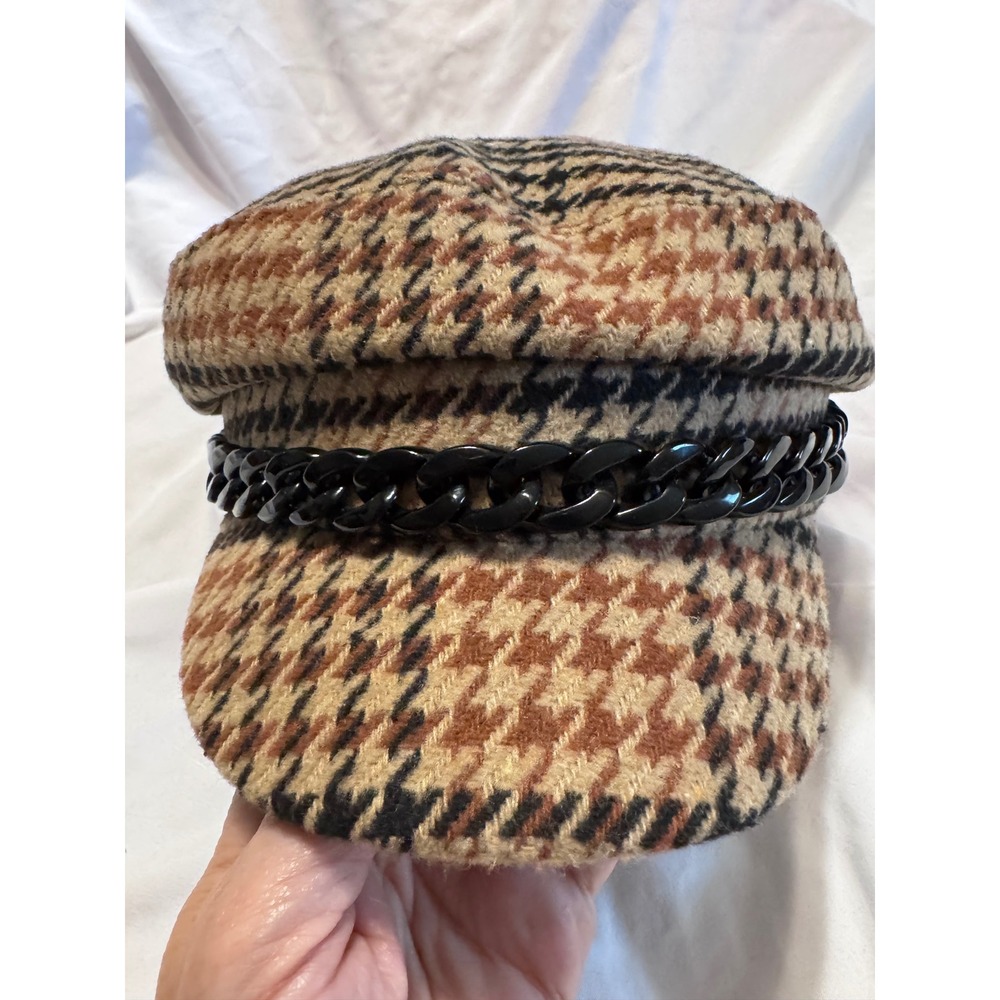 Vince Camuto Houndstooth Newsboy Cap Brown Black Chain Detail Wool Blend Hat O/S